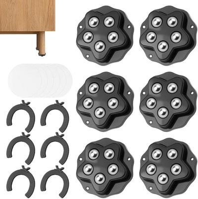 6 Pack Ball Caster Wheels, 360 Degree Swivel Steel Ball Bearings With Brakes, For Moving Furniture Cabinets And Appliances, Black, 4.8 x 4.8 cm