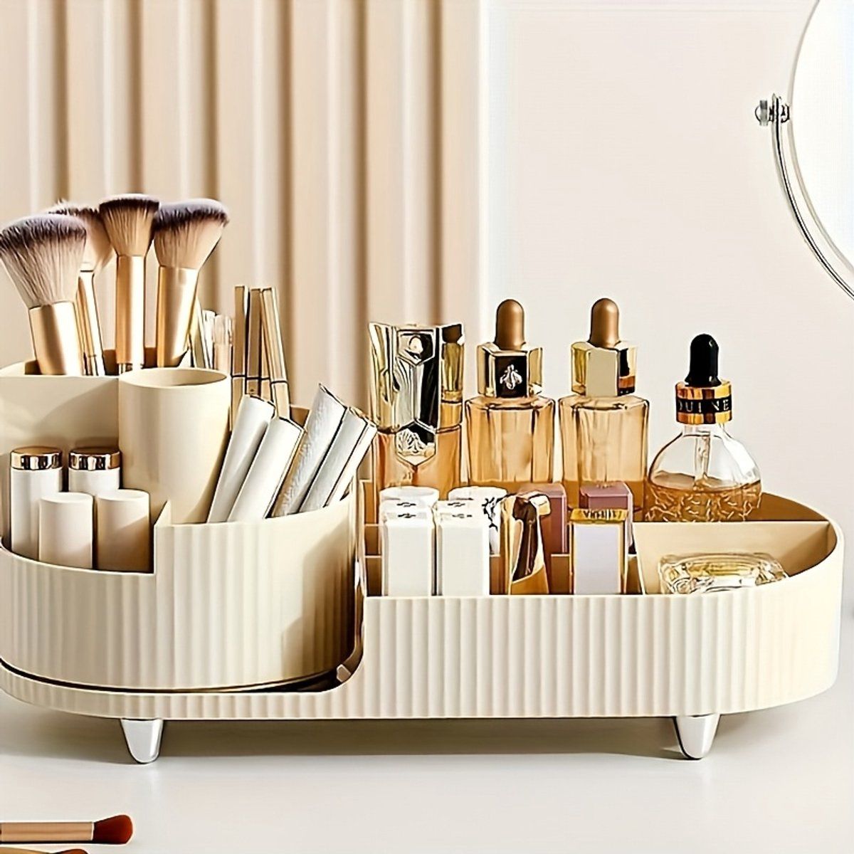 Rotating Makeup Organizer With Drawers, 360 Degree Cosmetic And Skincare Storage Box For Vanity Or Bathroom Counter, White