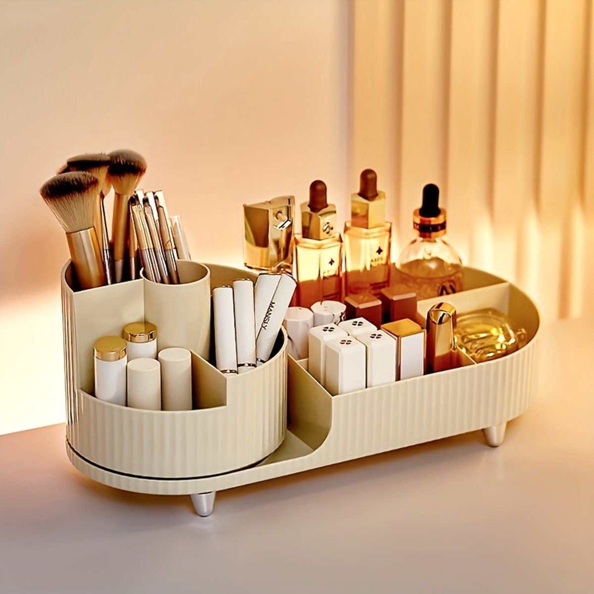 Rotating Makeup Organizer With Drawers, 360 Degree Cosmetic And Skincare Storage Box For Vanity Or Bathroom Counter, White