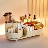 Rotating Makeup Organizer With Drawers, 360 Degree Cosmetic And Skincare Storage Box For Vanity Or Bathroom Counter, White - Front View