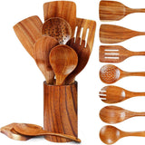 9 Piece Wooden Cooking Utensil Set, Heat Resistant Non Scratch Spoons And Spatulas With Holder, For Nonstick Cookware Kitchen, Yellow Brown