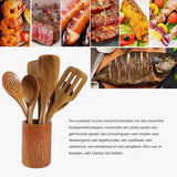 9 Piece Wooden Cooking Utensil Set, Heat Resistant Non Scratch Spoons And Spatulas With Holder, For Nonstick Cookware Kitchen, Yellow Brown
