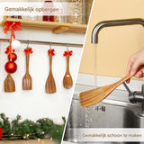 9 Piece Wooden Cooking Utensil Set, Heat Resistant Non Scratch Spoons And Spatulas With Holder, For Nonstick Cookware Kitchen, Yellow Brown - Top-Down View