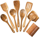 9 Piece Wooden Cooking Utensil Set, Heat Resistant Non Scratch Spoons And Spatulas With Holder, For Nonstick Cookware Kitchen, Yellow Brown - 45-Degree Angle