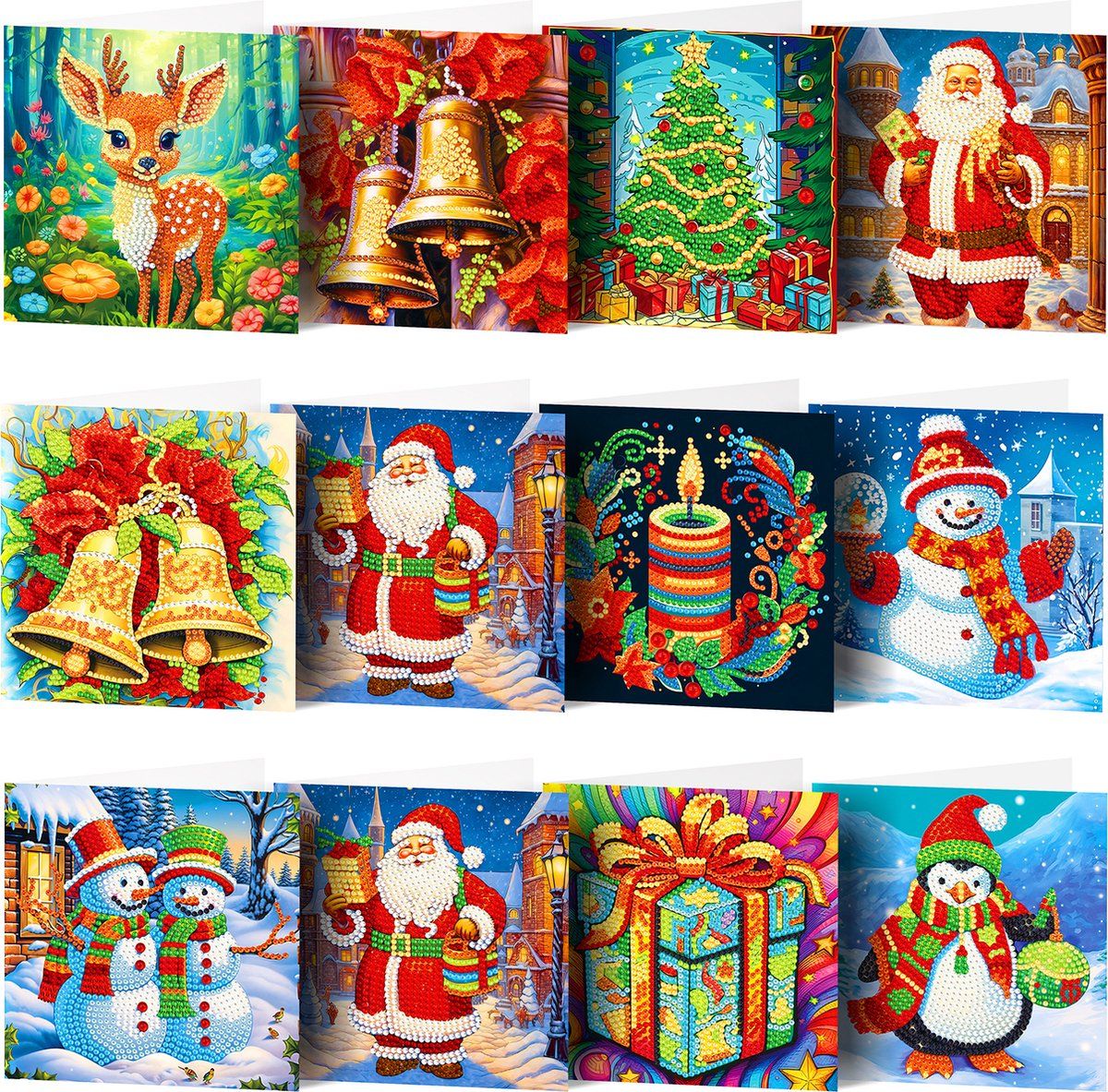 12 Pack Christmas Diamond Painting Cards Kit With Round Drills And Envelopes, Complete DIY Craft Set For Holiday Greetings, 15 x 15 cm