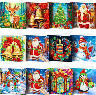 12 Pack Christmas Diamond Painting Cards Kit With Round Drills And Envelopes, Complete DIY Craft Set For Holiday Greetings, 15 x 15 cm