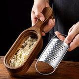 Stainless Steel Cheese Grater With Acacia Wood Handle And Catch Tray, Handheld Shredder For Cheese Chocolate Ginger Garlic, Silver Wood, 14.7 cm - Front View
