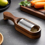 Stainless Steel Cheese Grater With Acacia Wood Handle And Catch Tray, Handheld Shredder For Cheese Chocolate Ginger Garlic, Silver Wood, 14.7 cm - Side View