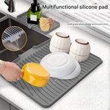 Silicone Dish Drying Mat With Built In Drain, Non Slip Heat Resistant Drainer For Kitchen Countertop, Black, 40 x 33 cm - 45-Degree Angle