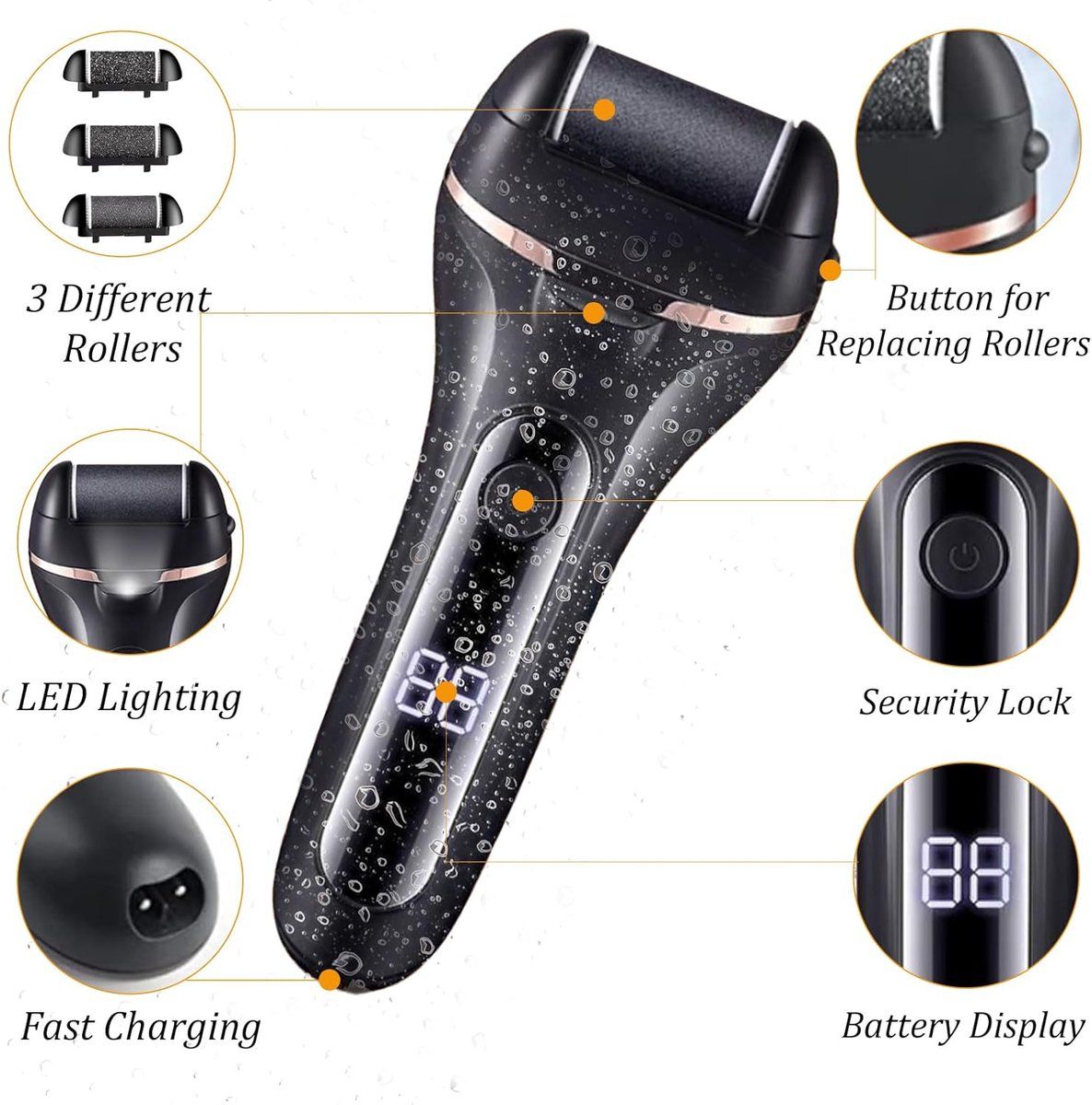 Electric Callus Remover For Feet, Rechargeable Pedicure Kit With 3 Roller Heads, 2 Speeds LED Display For Dry Dead Skin, Black