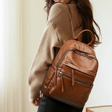 Womens Anti Theft Backpack, Waterproof Soft PU Leather Travel Daypack With Hidden Back Pocket For Commuting And Trips, Brown, 26 x 31 x 11 cm - Front View