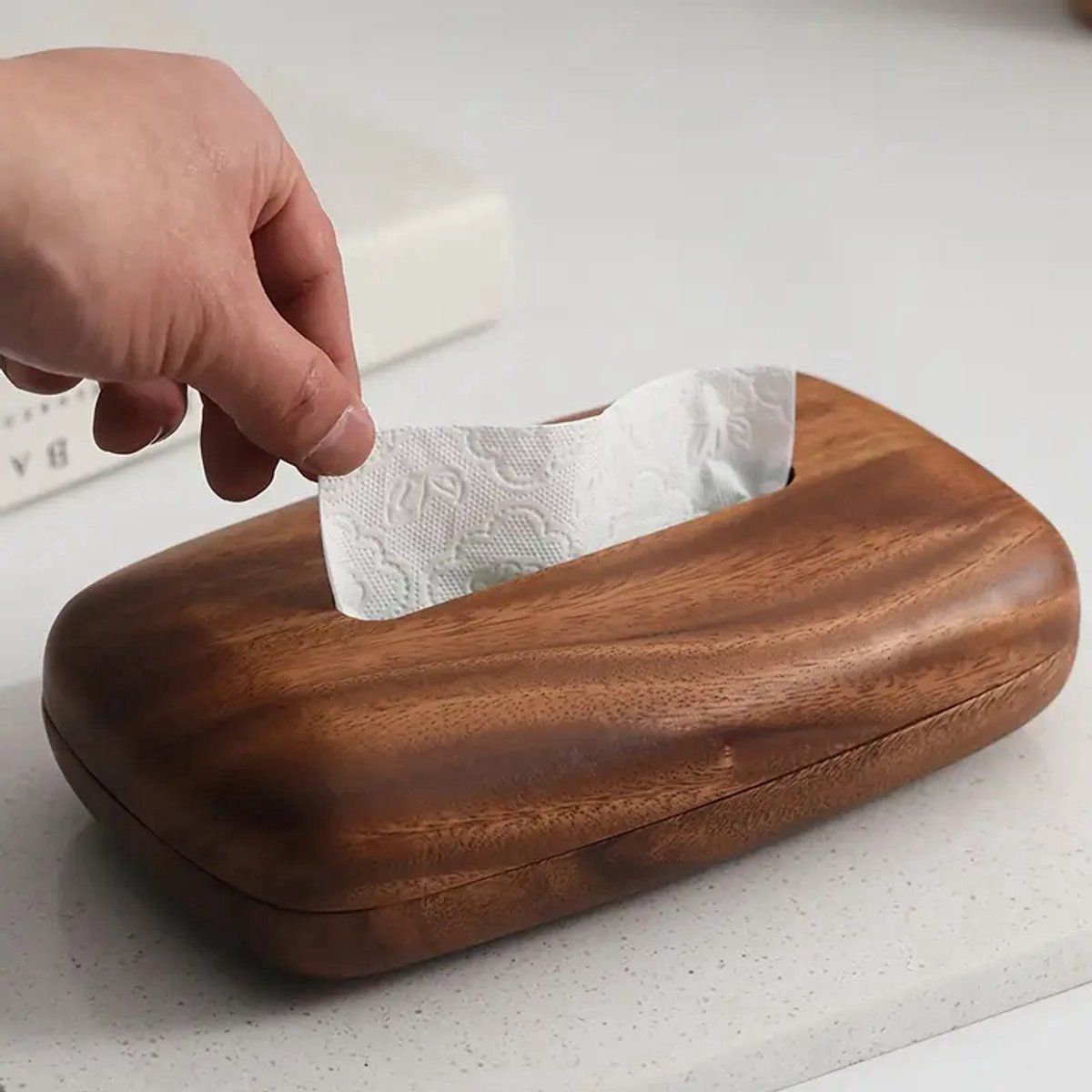 Tissue Box Cover With Walnut Wood Lid, Magnetic Easy Refill, Durable Plastic Base, For Bathroom Office Desk Nightstand, Brown