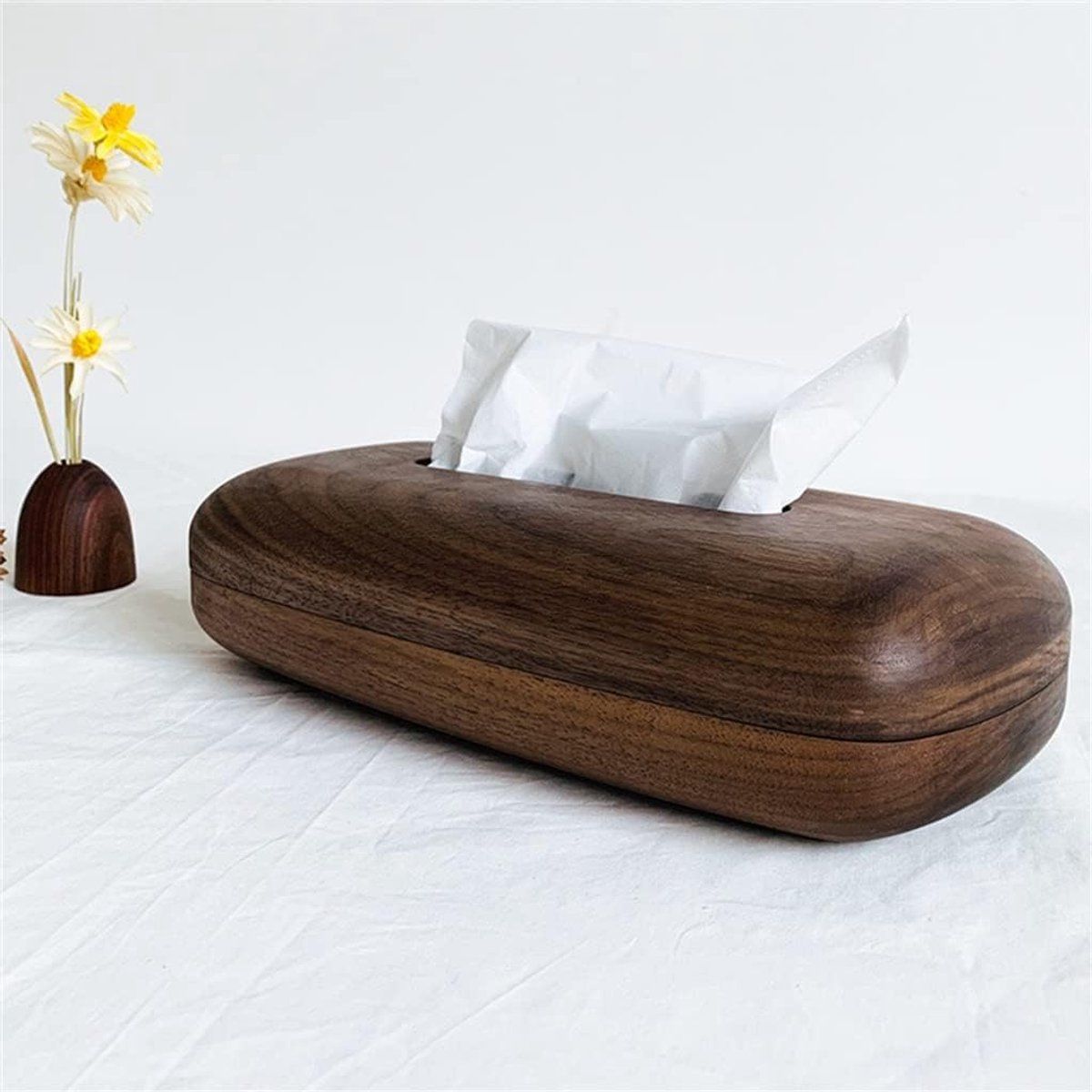 Tissue Box Cover With Walnut Wood Lid, Magnetic Easy Refill, Durable Plastic Base, For Bathroom Office Desk Nightstand, Brown