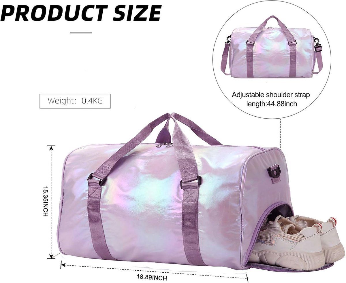 Womens Sports Gym Duffle Bag With Shoe Compartment And Wet Dry Pocket, Polyester Travel Weekend Bag For Fitness Swimming, Purple, 48 x 26 x 39 cm