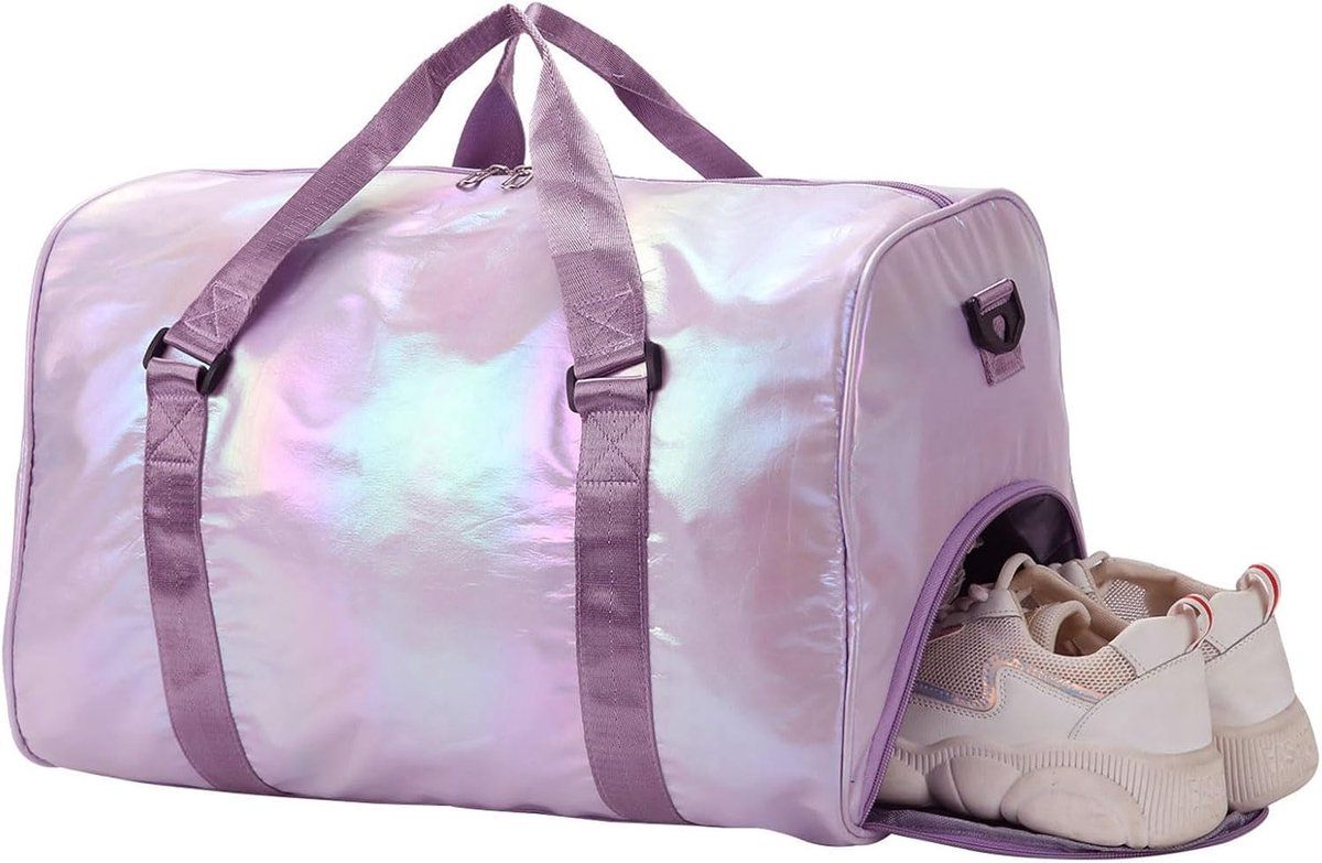 Womens Sports Gym Duffle Bag With Shoe Compartment And Wet Dry Pocket, Polyester Travel Weekend Bag For Fitness Swimming, Purple, 48 x 26 x 39 cm
