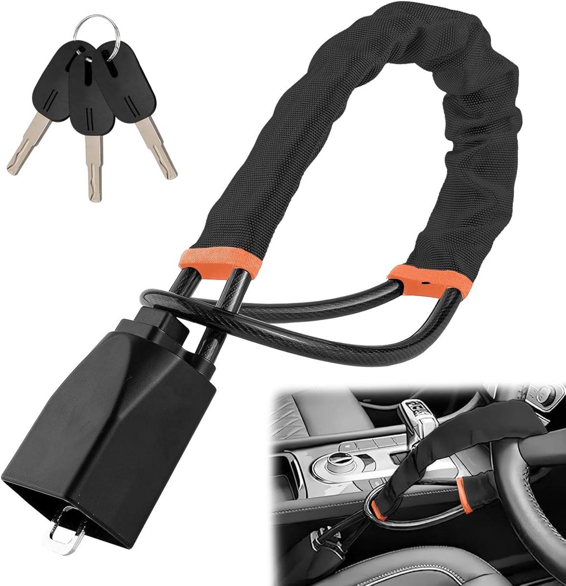 Car Steering Wheel Lock With Seat Belt Anchor, Cut Resistant Steel Cable, Anti Theft Security, Black, 3 Keys, 72 cm