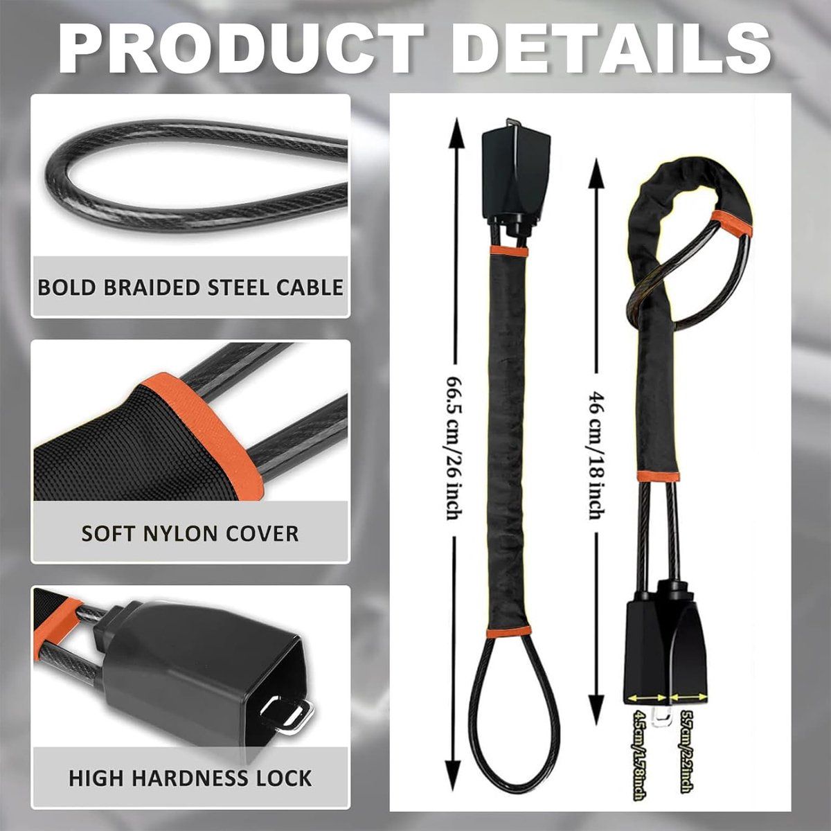 Car Steering Wheel Lock With Seat Belt Anchor, Cut Resistant Steel Cable, Anti Theft Security, Black, 3 Keys, 72 cm