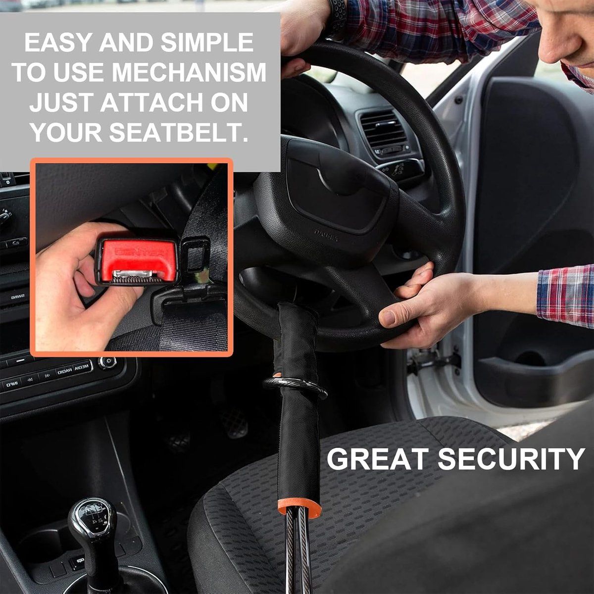 Car Steering Wheel Lock With Seat Belt Anchor, Cut Resistant Steel Cable, Anti Theft Security, Black, 3 Keys, 72 cm