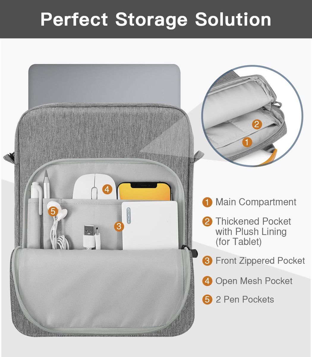 Laptop Sleeve Bag With Water Resistant Oxford Fabric, Extra Pockets, Shoulder Strap For Travel Work School, Light Gray, 9 to 11 in