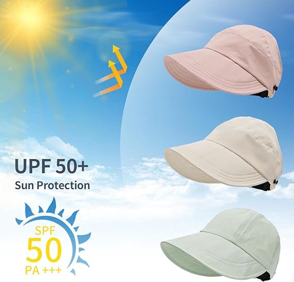 2 Pack Womens Sun Hats, Wide Brim Quick Dry Polyester With Ponytail Hole, Coffee Hat And Black Face Mask