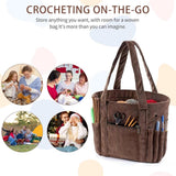 Corduroy Yarn Storage Bag With Metal Grommets And Multiple Pockets, Portable Crochet And Knitting Tote For Travel, Brown, 39.5 x 15.2 x 23.5 cm