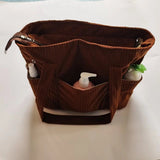 Corduroy Yarn Storage Bag With Metal Grommets And Multiple Pockets, Portable Crochet And Knitting Tote For Travel, Brown, 39.5 x 15.2 x 23.5 cm - Side View