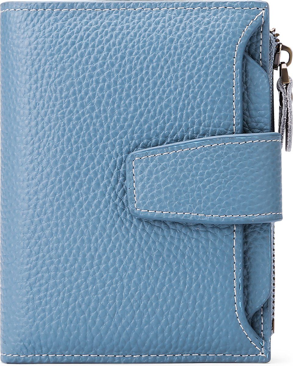 Womens Genuine Leather RFID Blocking Wallet, Compact Card Holder With 14 Card Slots And Zipper Coin Pocket, Light Blue