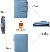 Womens Genuine Leather RFID Blocking Wallet, Compact Card Holder With 14 Card Slots And Zipper Coin Pocket, Light Blue