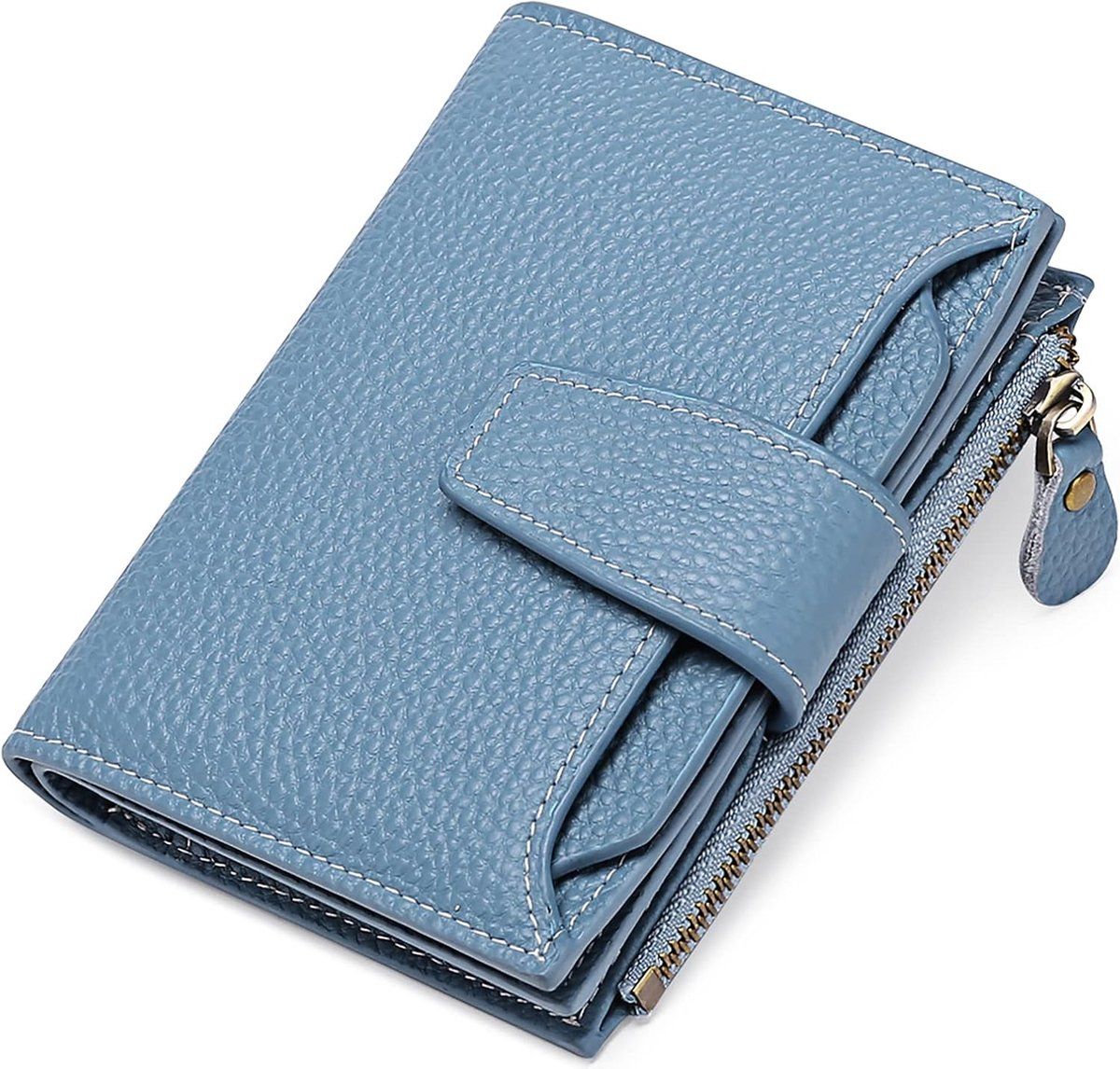 Womens Genuine Leather RFID Blocking Wallet, Compact Card Holder With 14 Card Slots And Zipper Coin Pocket, Light Blue