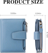 Womens Genuine Leather RFID Blocking Wallet, Compact Card Holder With 14 Card Slots And Zipper Coin Pocket, Light Blue - 45-Degree Angle