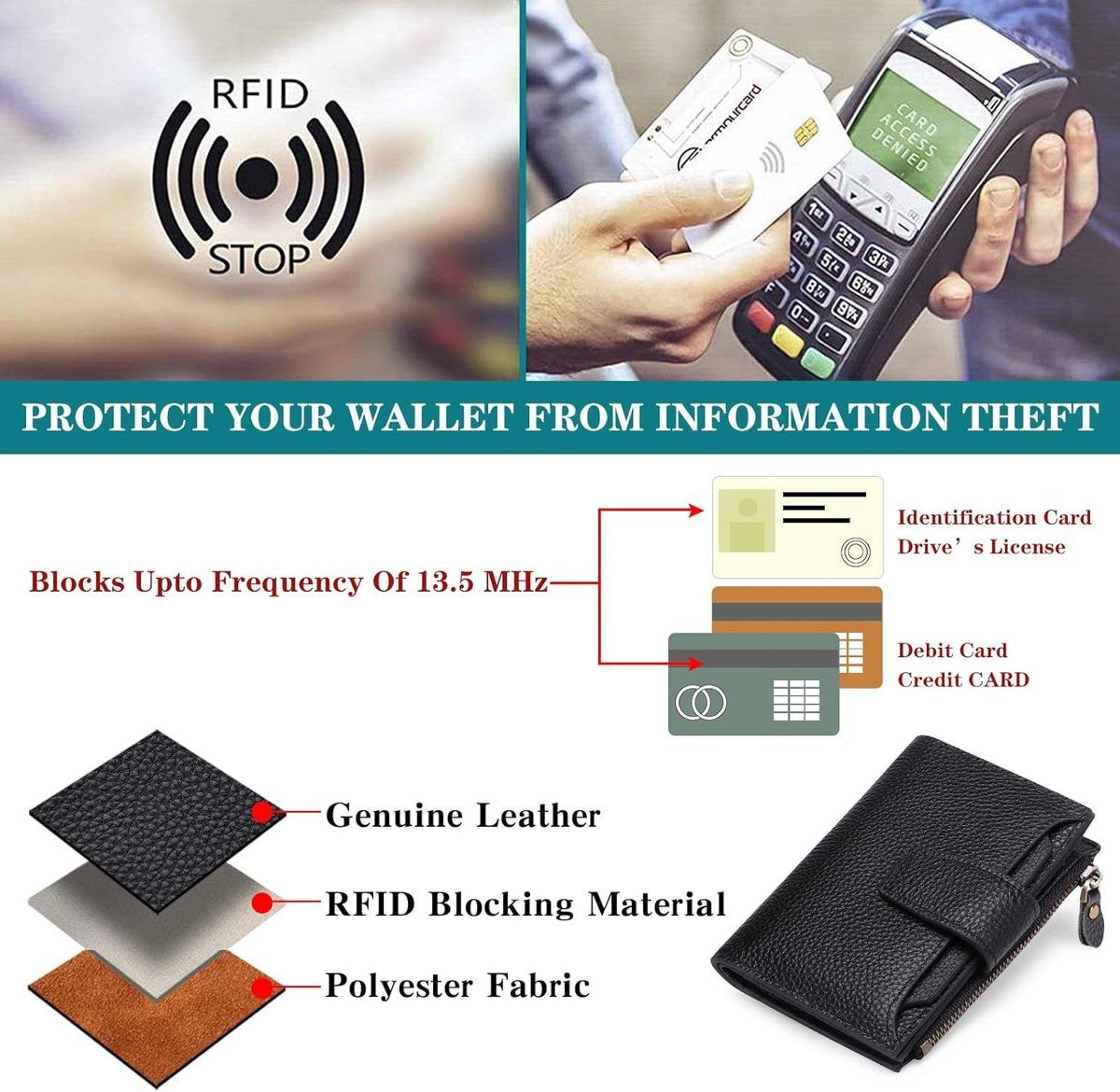 Womens RFID Blocking Leather Wallet Compact Card Holder With Zipper Coin Pocket For Travel And Daily Use Black