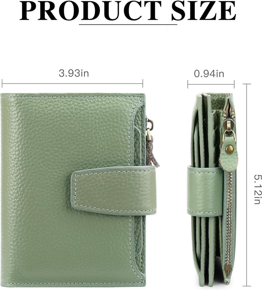 Womens Genuine Leather RFID Blocking Wallet With 14 Card Slots Zipper Coin Pocket Compact For Purse And Travel Light Green