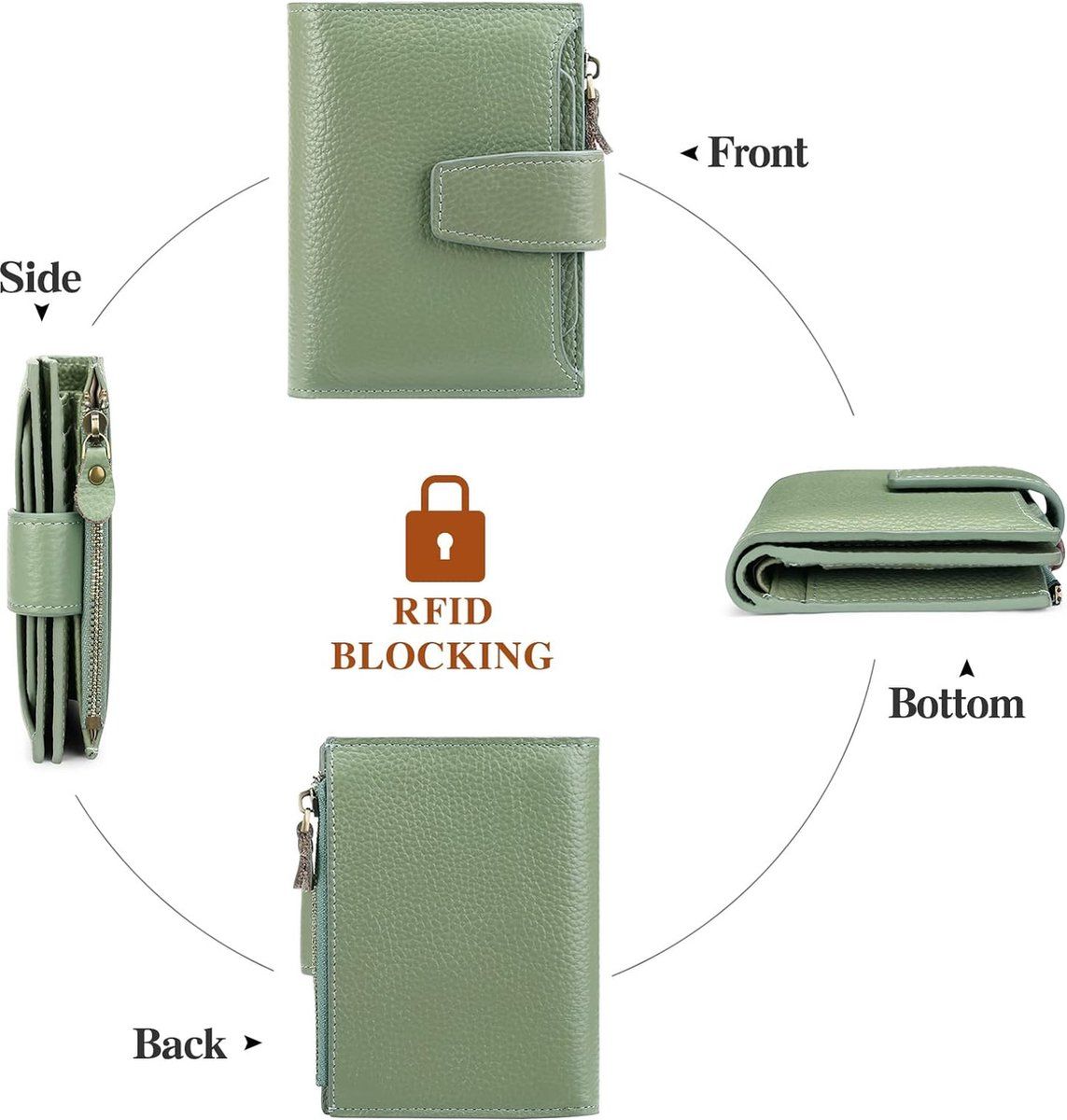 Womens Genuine Leather RFID Blocking Wallet With 14 Card Slots Zipper Coin Pocket Compact For Purse And Travel Light Green