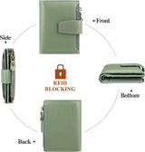 Womens Genuine Leather RFID Blocking Wallet With 14 Card Slots Zipper Coin Pocket Compact For Purse And Travel Light Green