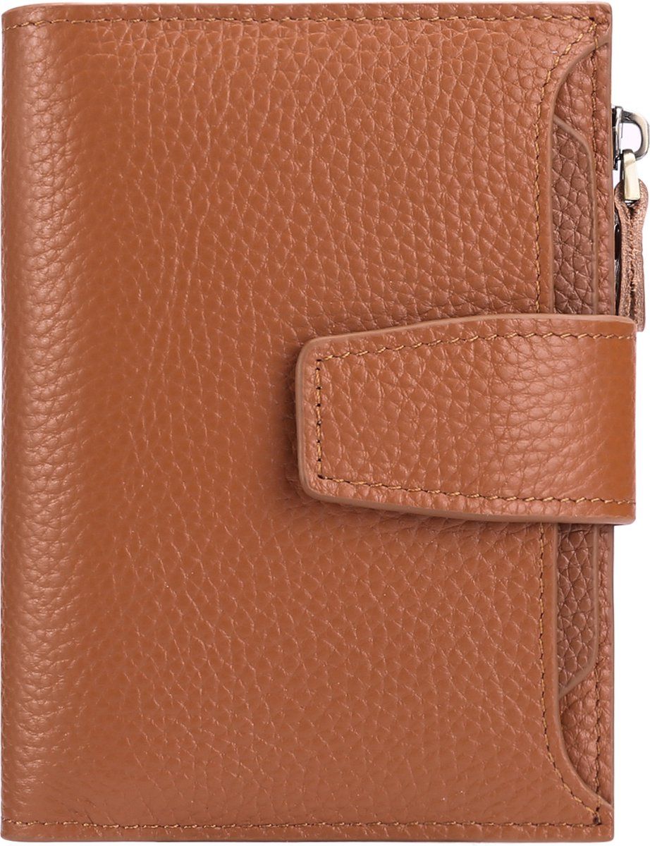 Womens Genuine Leather RFID Blocking Wallet, Compact Card Holder With Zipper Coin Pocket, For Travel And Everyday Use, Caramel Brown, 5.12 x 3.93 in
