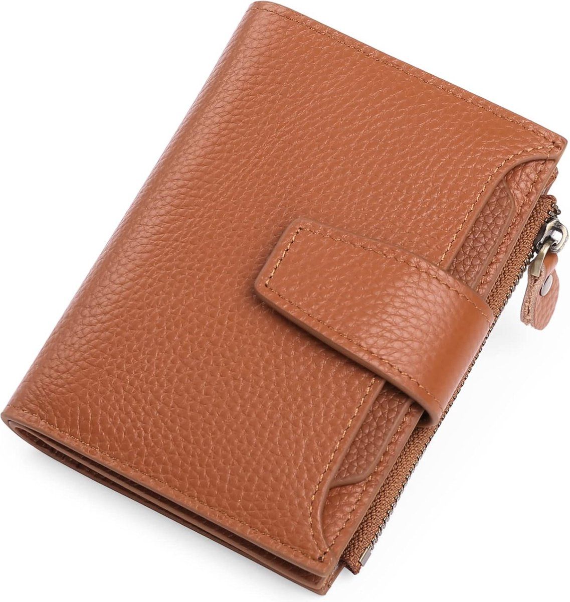 Womens Genuine Leather RFID Blocking Wallet, Compact Card Holder With Zipper Coin Pocket, For Travel And Everyday Use, Caramel Brown, 5.12 x 3.93 in