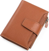 Womens Genuine Leather RFID Blocking Wallet, Compact Card Holder With Zipper Coin Pocket, For Travel And Everyday Use, Caramel Brown, 5.12 x 3.93 in - Top-Down View