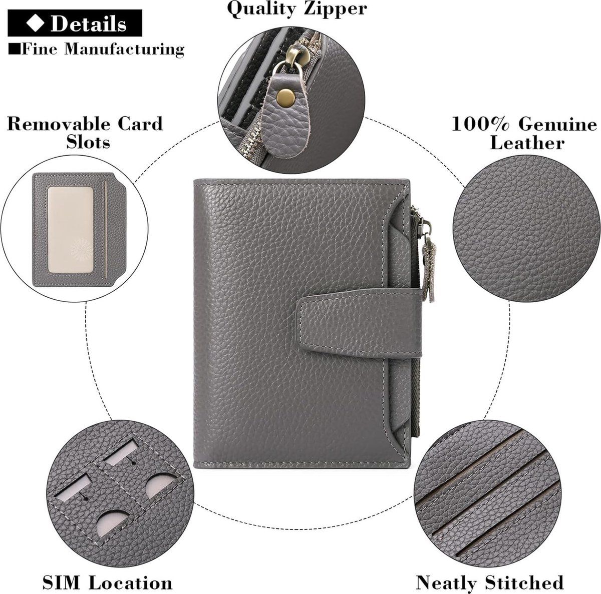 Womens Genuine Leather RFID Blocking Wallet, Compact Card Holder With Zipper Coin Pocket And ID Windows, For Purse Or Pocket, Dark Gray