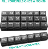 Monthly Pill Organizer 28 Day 4 Week Large Capacity BPA Free PP Plastic Travel Pill Box With Dustproof Container, Black - Top-Down View