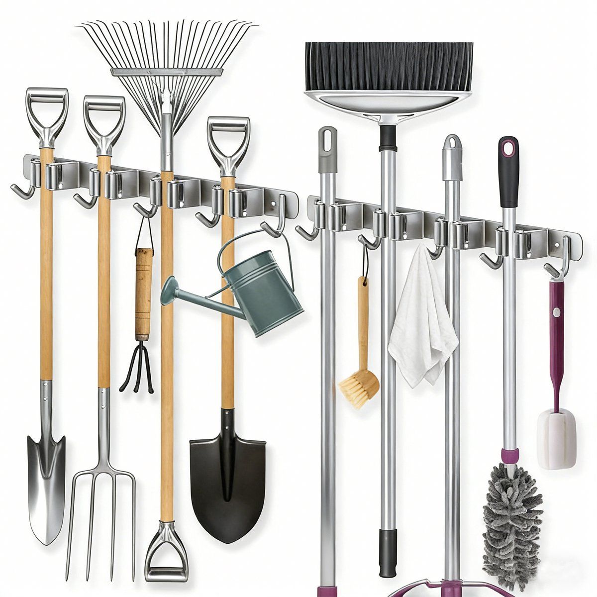 2 Pack Wall Mounted Broom And Mop Holder Set, Stainless Steel Organizer Rack With 4 Shelves And 5 Hooks, For Garage Kitchen Bathroom, Gray, 49 x 2 cm