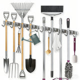 2 Pack Wall Mounted Broom And Mop Holder Set, Stainless Steel Organizer Rack With 4 Shelves And 5 Hooks, For Garage Kitchen Bathroom, Gray, 49 x 2 cm