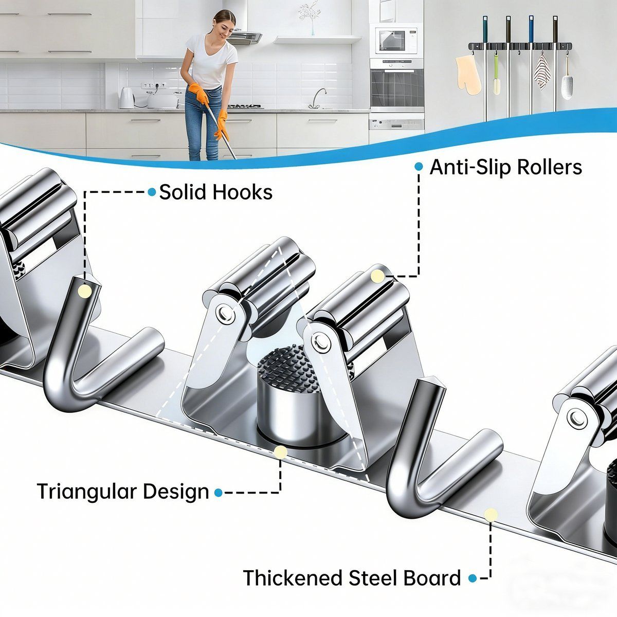 2 Pack Wall Mounted Broom And Mop Holder Set, Stainless Steel Organizer Rack With 4 Shelves And 5 Hooks, For Garage Kitchen Bathroom, Gray, 49 x 2 cm