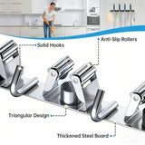 2 Pack Wall Mounted Broom And Mop Holder Set, Stainless Steel Organizer Rack With 4 Shelves And 5 Hooks, For Garage Kitchen Bathroom, Gray, 49 x 2 cm