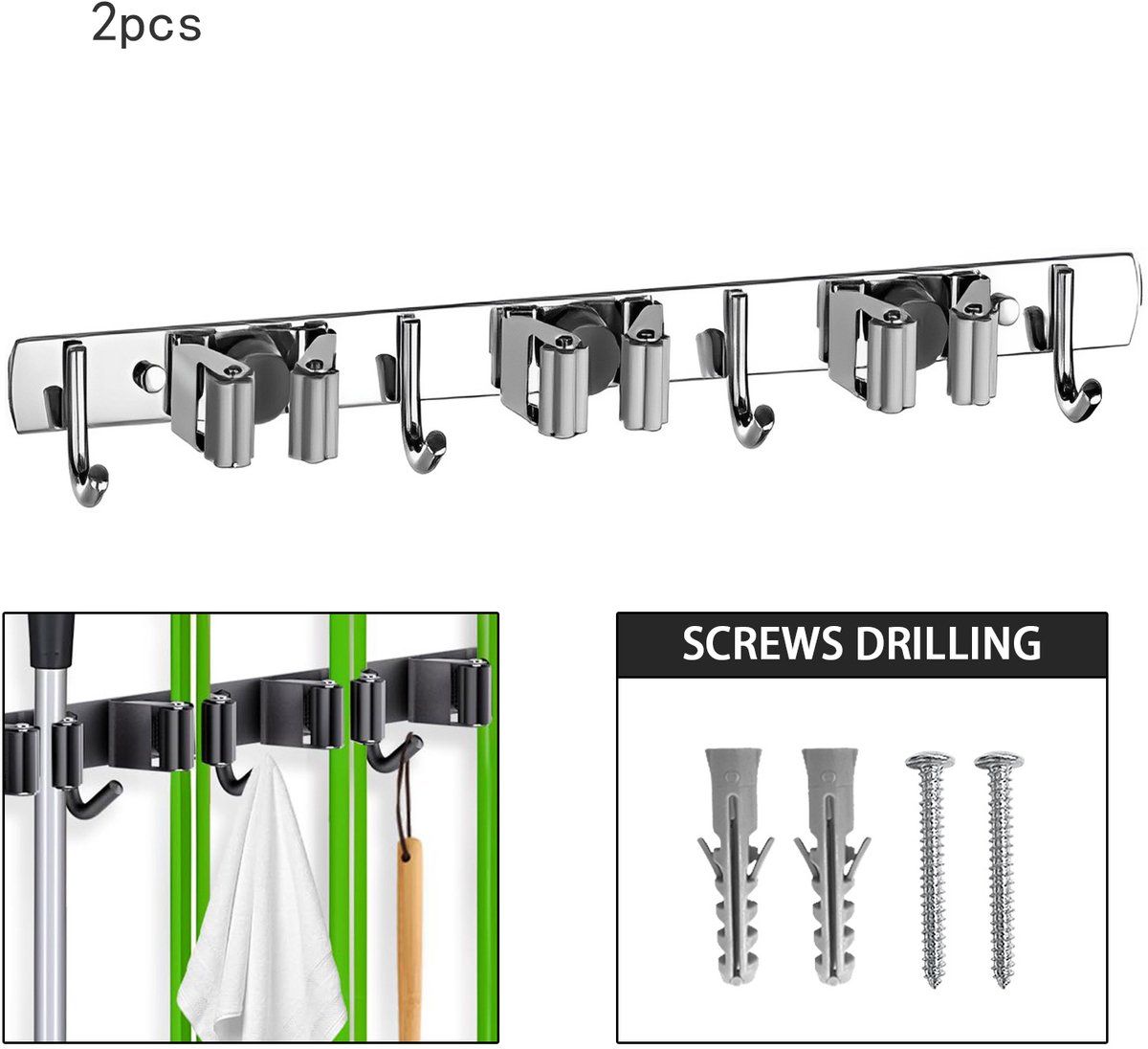 2 Pack Wall Mounted Broom And Mop Holder Set, Stainless Steel Organizer Rack With 4 Shelves And 5 Hooks, For Garage Kitchen Bathroom, Gray, 49 x 2 cm