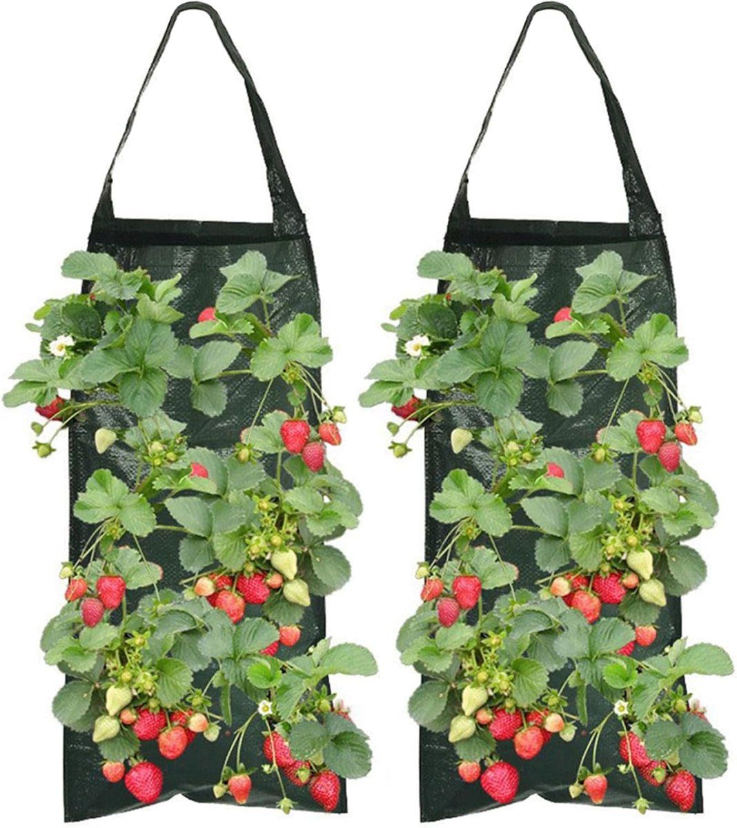 2 Pack Hanging Wall Grow Bags, Breathable PE Planting Bags With 8 Pockets And Handle For Strawberries Herbs Flowers Balcony Garden, Green, 25 x 60 cm