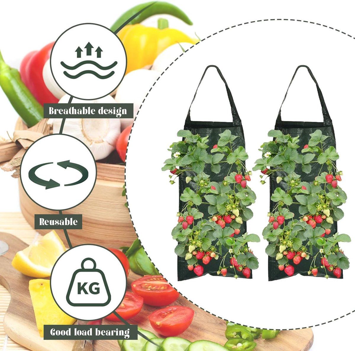 2 Pack Hanging Wall Grow Bags, Breathable PE Planting Bags With 8 Pockets And Handle For Strawberries Herbs Flowers Balcony Garden, Green, 25 x 60 cm