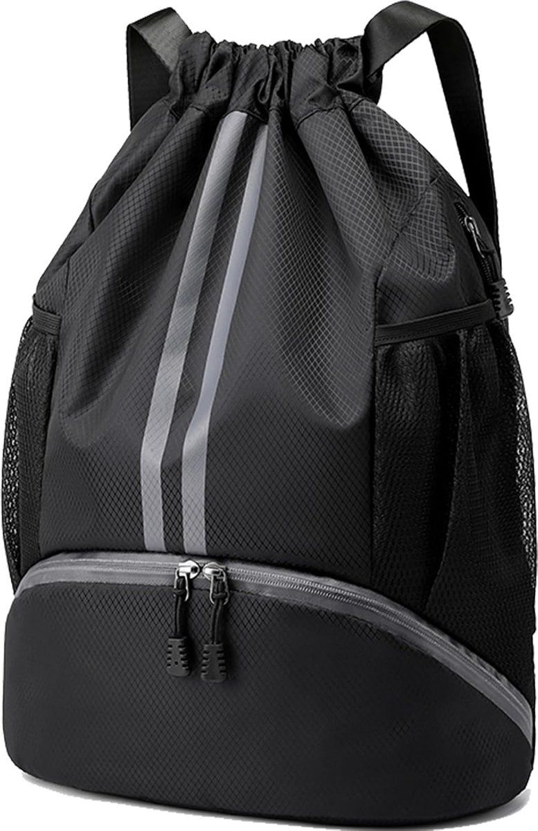 Water Resistant Drawstring Gym Backpack With Shoe Compartment And Wet Dry Pocket For Swimming Yoga Travel, Black