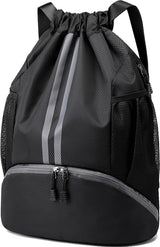 Water Resistant Drawstring Gym Backpack With Shoe Compartment And Wet Dry Pocket For Swimming Yoga Travel, Black