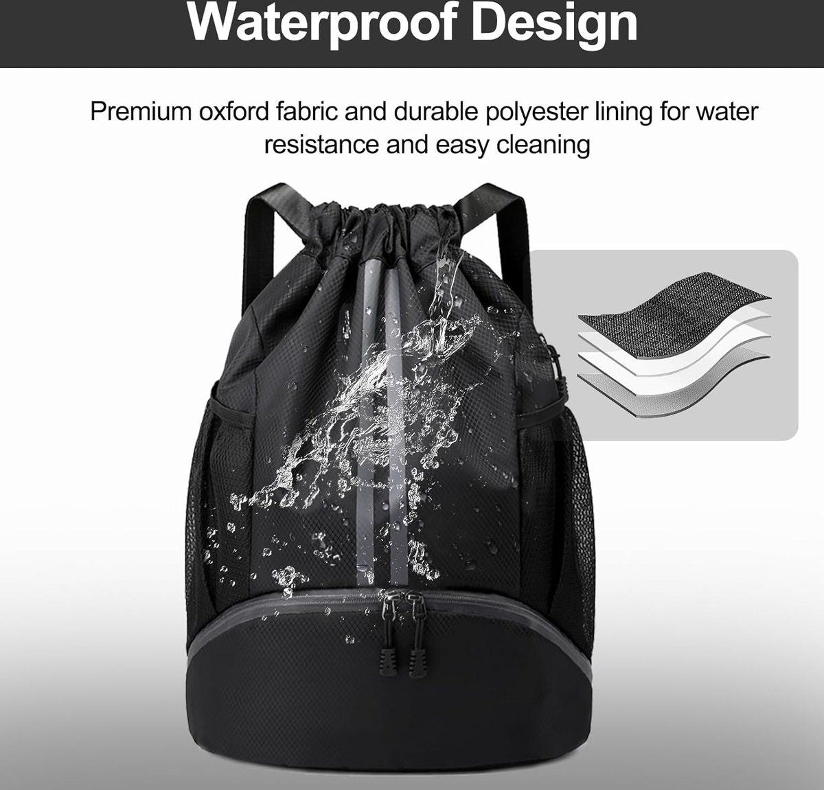 Water Resistant Drawstring Gym Backpack With Shoe Compartment And Wet Dry Pocket For Swimming Yoga Travel, Black