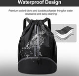 Water Resistant Drawstring Gym Backpack With Shoe Compartment And Wet Dry Pocket For Swimming Yoga Travel, Black